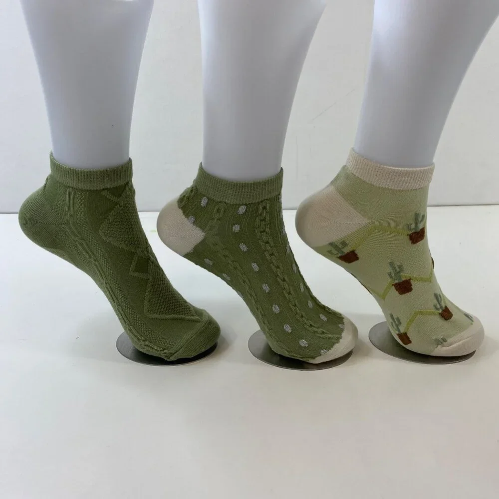 Womens 3-Pack Ankle Socks Cactus Polka Dots Cable Knit Diamond Pattern Green